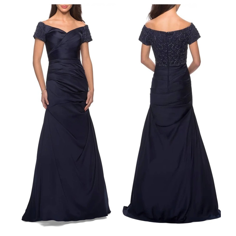La Femme Off the Shoulder Beaded Satin Trumpet Gown (14)